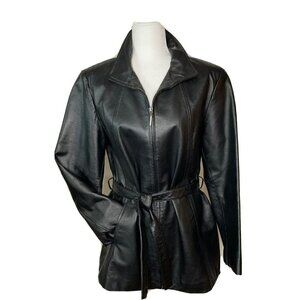 Worthington Womens Black Leather Zip Front Belted Lined Retro Y2K Vibes Jacket-L